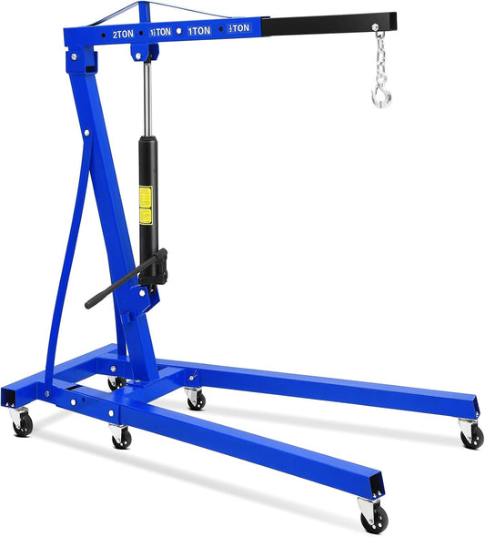 2 Ton Engine Hoist, Hydraulic Cherry Picker Engine Hoist Lift, 4400LBS Heavy Duty Crane Lifter with 6 Casters and Telescopic Boom, Foldable & Portable Design, for Garage, Workshop, Warehouse (Blue)