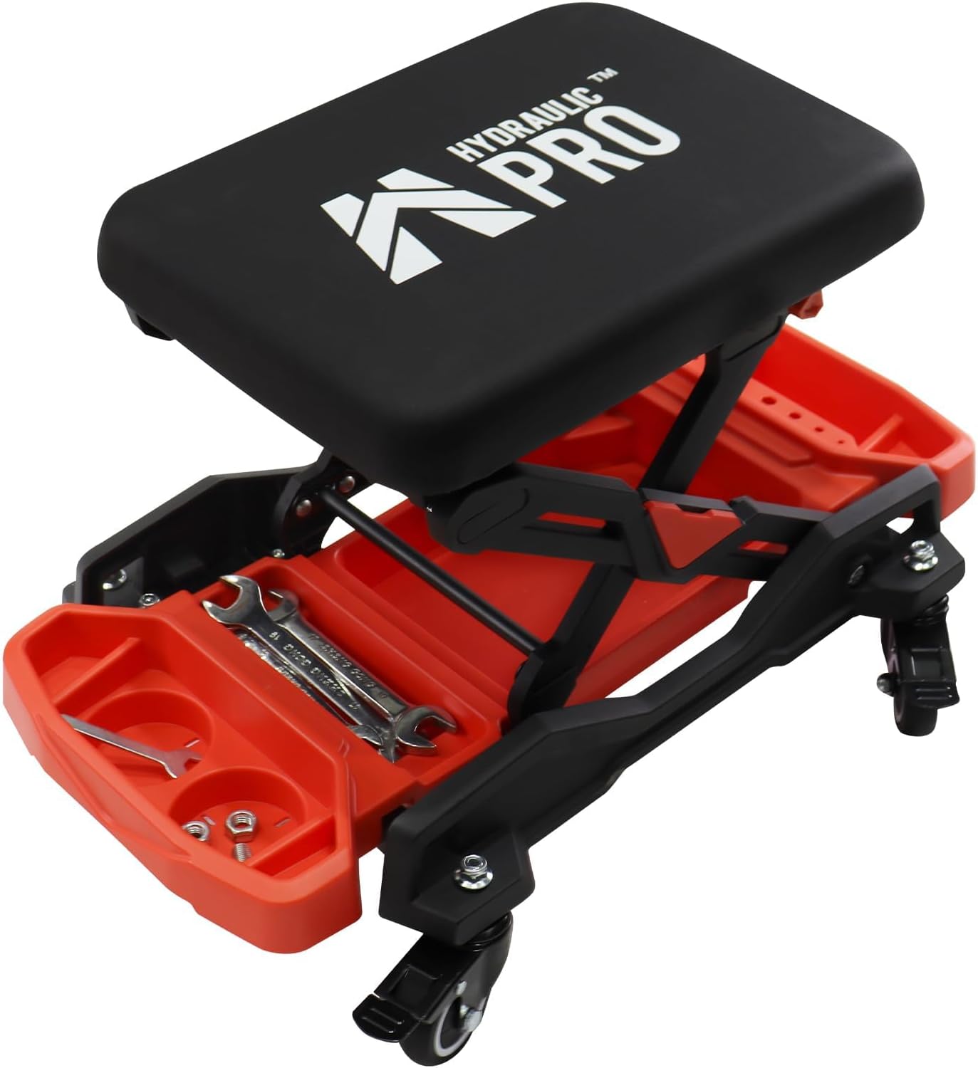 Automotive Creeper Seat with Rolling Wheels, 300 LBS Capacity Mechanic Stool, Heavy Duty Garage Stool with Soft Padded Cushion and Tool Trays, Foldable Design for Easy Storage