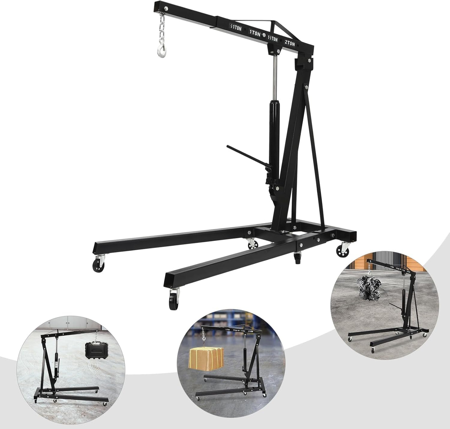 2 Ton(4409lbs) Folding Engine Hoist Heavy Duty Carbon Steel Hydraulic Shop Engine Crane Cherry Picker Shop Crane Hoist Lift with 6 Iron Caster Wheels for Car Fixing Workshop Garage (Black)