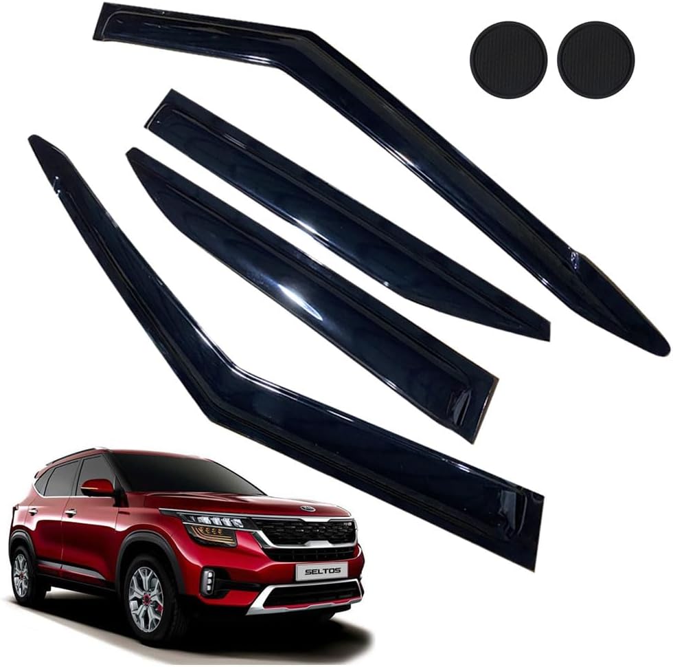 Rain Guards for Seltos 2021-2023, Tape-on Side Window Deflectors, Window Visors for Kia Cars - 4 Rain Guards & 2 Car Coasters