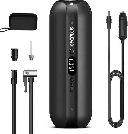 CYCPLUS Tire Inflator Portable Air Compressor - 150PSI Cordless Air Pump with Digital Tire Pressure Gauge, Accurate LCD Display & LED Light, DC/AC 2-in-1 for Car/Motorcycle/E-Bike/Ball(2025 Version)