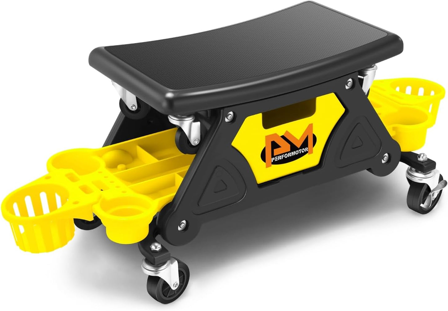 PM PERFORMOTOR Mechanic Stool - 25-1/2" x 13" x 12" (L x H x W), Rolling Work Seat w/Lockable Swivel Wheels and Storage Tool Tray, Yellow,PM-TOL-CRS-YL
