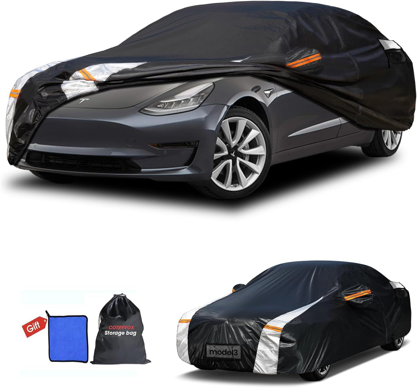 12-Layer Custom Fit Car Cover for Tesla Model 3 (2017-2025), Upgraded Waterproof All-Weather Full Exterior Cover with Door Zipper and Charging Port, for Snow Rain Dust and Sun UV Protection-Black.