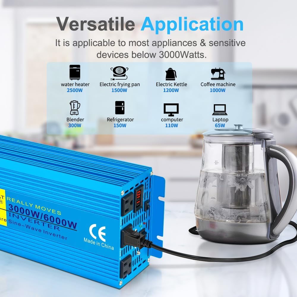 LVYUAN 3000 Watt Pure Sine Wave Inverter 12V to 110V 120V DC to AC with 3 AC Sockets, LED Display, Wireless Remote Control, Car Power Inverter for Vehicles Home RV Camping Truck Solar System