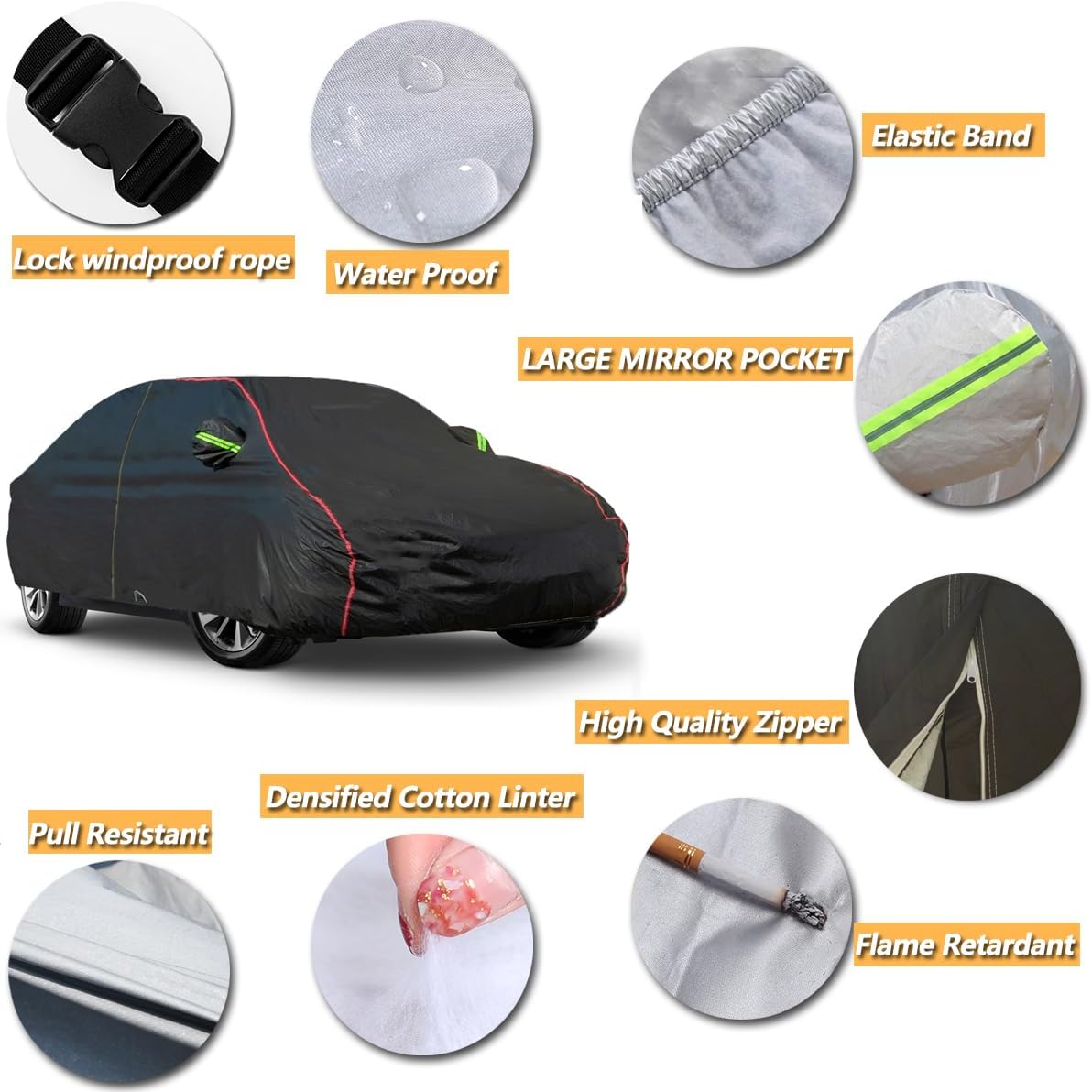 AUQDD 6-Layers PEVA New Material Sedan SUV Full Padded Car Cover Waterproof All Weather Weatherproof UV Sun Protection Snow Dust Storm Resistant Outdoor Exterior Custom Form-Fit Straps 214"-232" Black