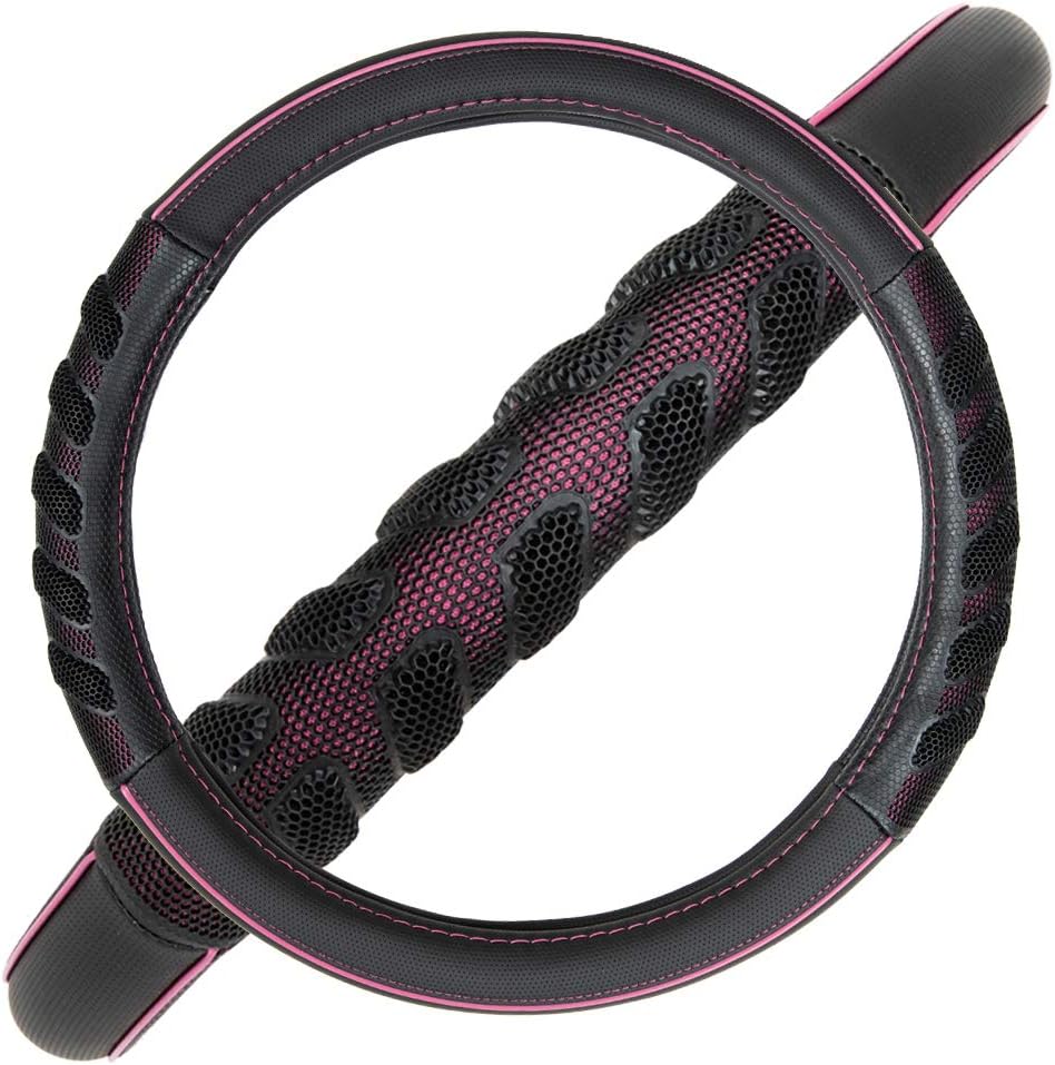 Flying Banner car Steering Wheel Cover Faux Leather Massage Universal fit 3D Honeycomb Hole Anti-Slip Sporty 15 Inches (Pink Black)