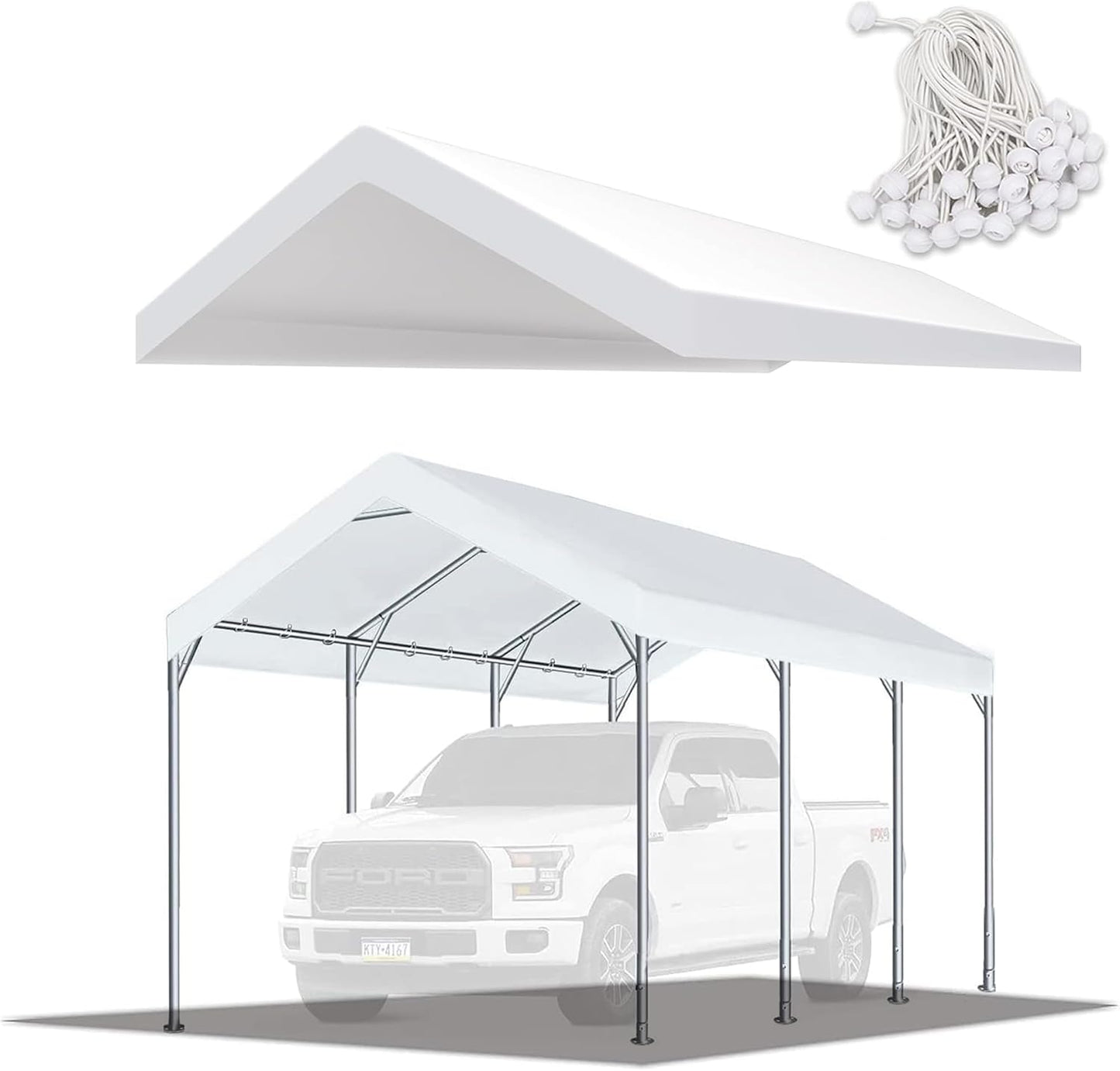 10' x20' Upgraded Carport Replacement Canopy Cover for Car Garage Shelter Party Tent with Ball Bungees White (Only Top Cover, Frame is not Included)