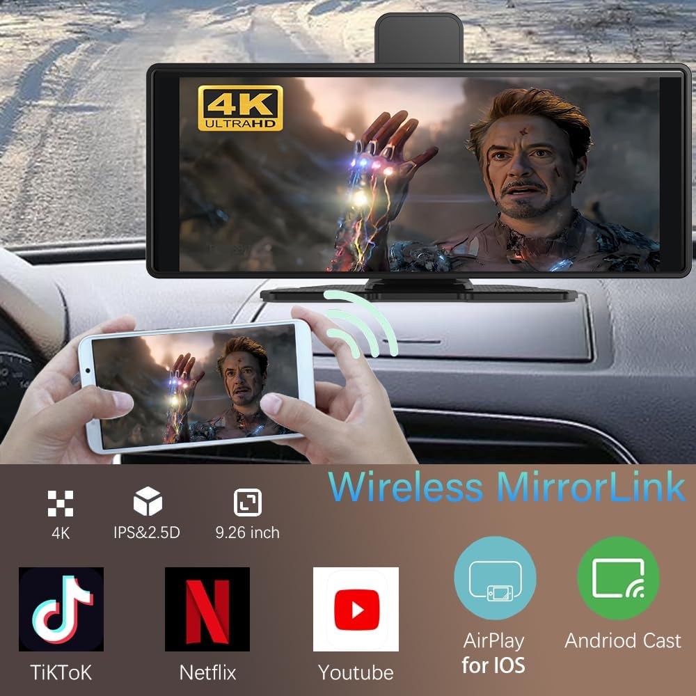 Wireless Carplay Screen for Car 10.26" 4K 360 Rotation Dash Cam Carplay&Android Auto Car Stereo 1080p Backup Camera GPS Navigation/Mirror Link/Voice Control/Siri/FM Satellite Radio Receiver