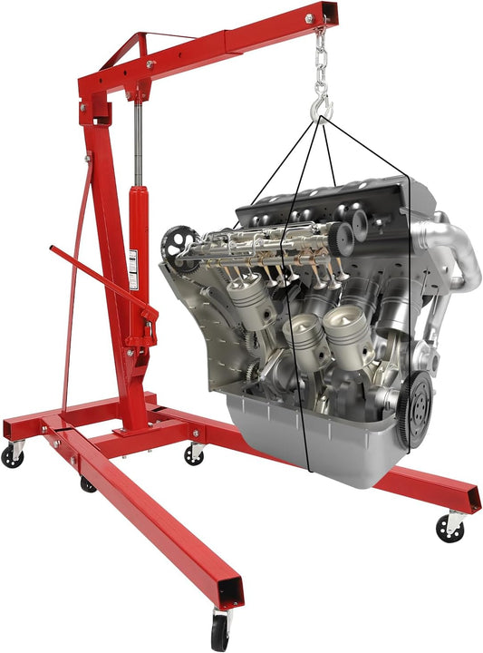 2 Ton Engine Hoist, Folding Hydraulic Engine Crane Red, Heavy Duty Cherry Picker Engine Crane, Four Adjustable Positions, Adjustable Load Arm & 6 Iron Caster Wheels for Garage, Workshop