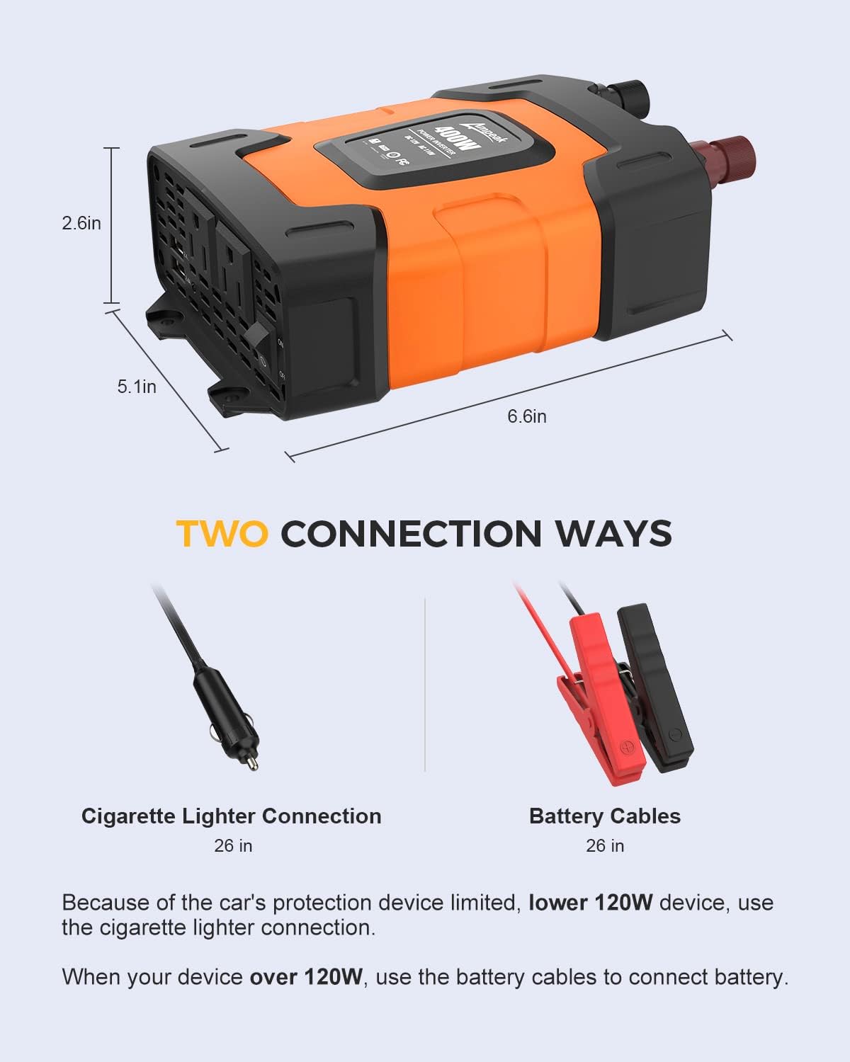 Ampeak 400W Power Inverter 4.8A Dual USB Ports 2 AC Outlets Car Inverter DC 12V to AC 110V 11 Protections for Devices