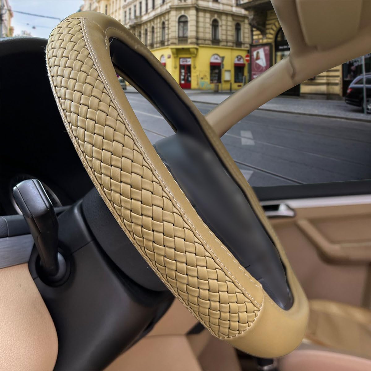 Flying Banner car Steering Wheel Cover Faux Leather Massage Universal fit 3D Honeycomb Hole Anti-Slip Sporty 15 Inches (Tan Tan)