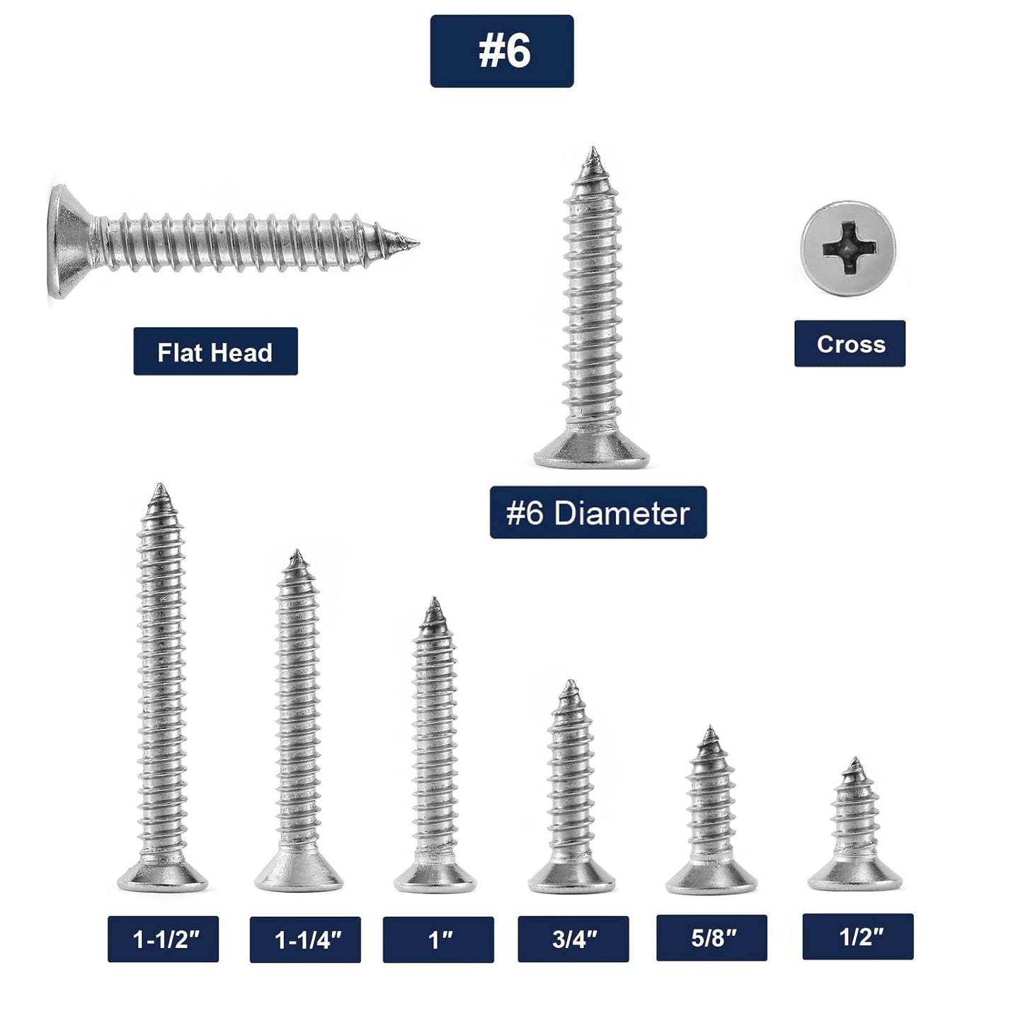 #6 x 3/4" Wood Screw 100Pcs 18-8 (304) Stainless Steel Screws Flat Head Phillips Fast Self Tapping Drywall Screws by SG TZH