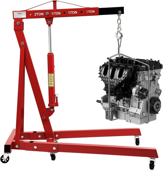Folding Engine Hoist 1 Ton Engine Crane Lift with 6 Caster Wheels 2200LBS Steel Hydraulic Engine Crane 4 Adjustable Positions for Car Fixing Workshops Garages Warehouse(Sent in 2 Packages)