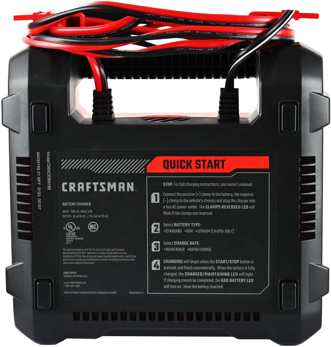 CRAFTSMAN Battery Charger and Maintainer, CMXCESM162, 4-in-1, Fully Automatic, Battery Tester, 15 Amps, 6 Volt, 12 Volt, for Car, SUV, Truck and Marine Batteries