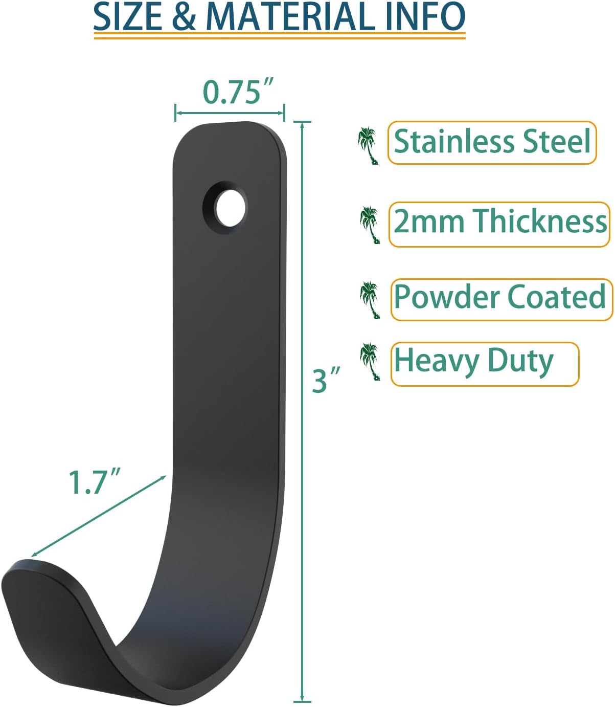 Stainless Steel Heavy Duty Coat Hook Wall Hooks Robe Hanger Hooks Hanging Hat Key Holder for Towel, Bag Indoor Outdoor (Black-U Shaped, 3x1.8inch, 8pcs)