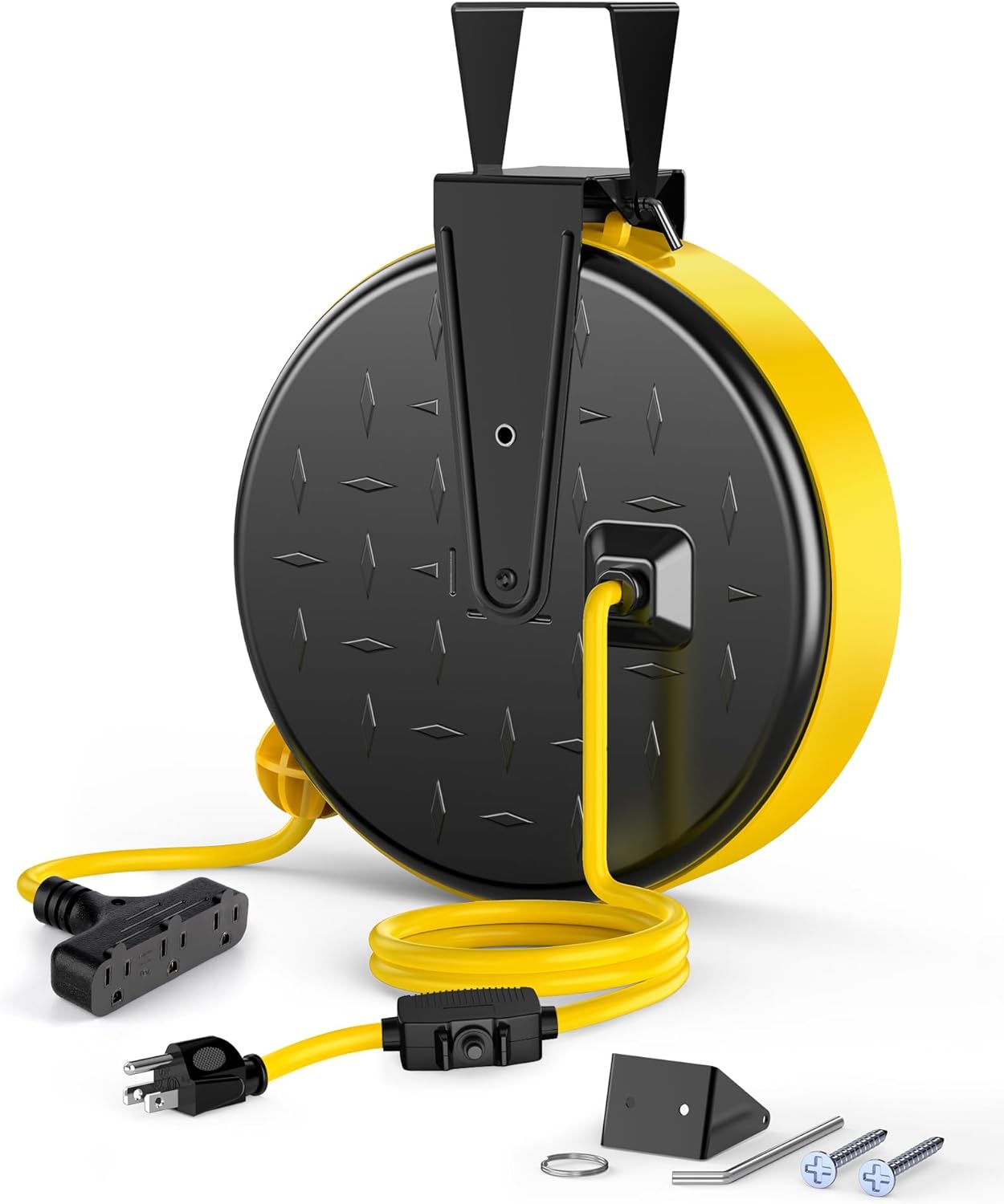 DEWENWILS 30 Ft Retractable Extension Cord Reel, Ceiling/Wall Mount 16/3 Gauge SJTW Power Cord with 3 Electrical Outlets Pigtail for Garage and Shop, 10 Amp Circuit Breaker, Metal Plate, UL Listed