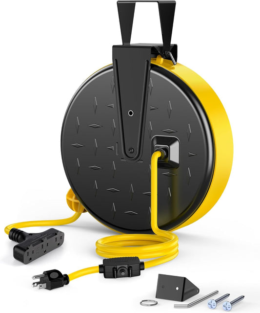DEWENWILS 30 Ft Retractable Extension Cord Reel, Ceiling/Wall Mount 16/3 Gauge SJTW Power Cord with 3 Electrical Outlets Pigtail for Garage and Shop, 10 Amp Circuit Breaker, Metal Plate, UL Listed