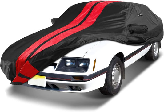 iCarCover Custom Car Cover for 1979-2004 Ford Mustang Waterproof All Weather Rain Snow UV Sun Protector Full Exterior Indoor Outdoor Car Cover (Stripe - Black/Red)