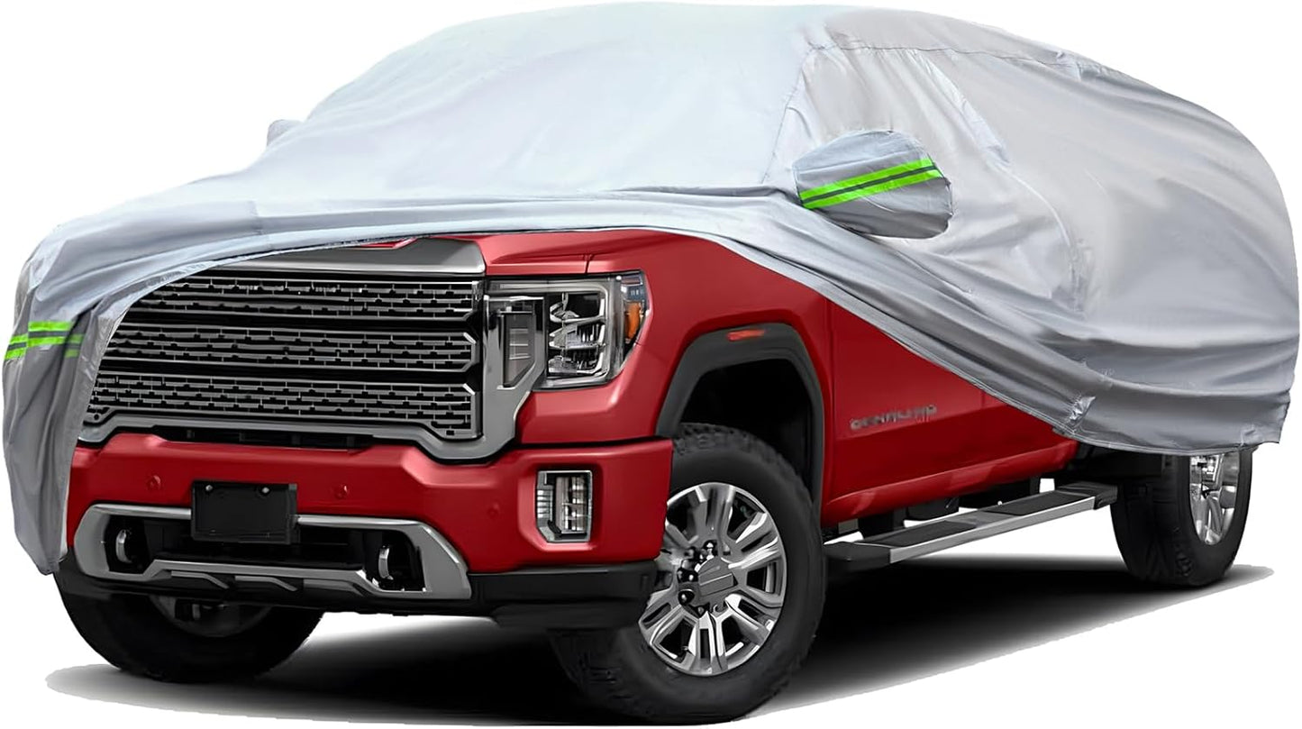 TUCAREST 6-Layers Heavy Outdoor Pickup Full Car Cover Hard Shell Zipper Design Waterproof All Weather Weatherproof UV Sun Protection Snow Dust Storm Resistant with Straps (Fit for UP to 230"-260")