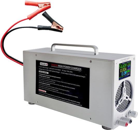 High Power Battery Charger, Upgraded Design LifePO4 Battery Charger, One Click Control Adjustable Current/Voltage Portable Adapter for LiFePO4 Lithium Iron Rechargeable Battery(60V/50A)