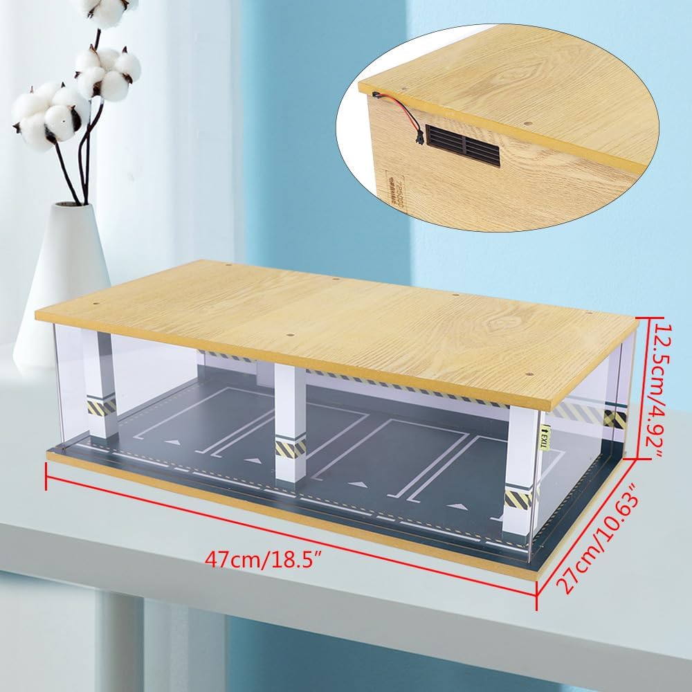 1/24 Parking Garage Model Car Garage Display Case with Clear Acrylic Cover and LED Lighting Toy Car Storage Tabletop Showcase for Boy Kids Home Toy Stores