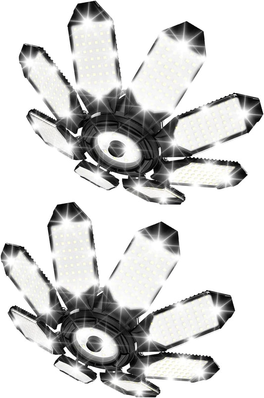 TANBABY 260W LED Garage Lights 2 Pack, Total 52000LM Deformable Best Ceiling Light with 8+1 Panels, E26/E27 Screw in Bulbs for Basement, Attic