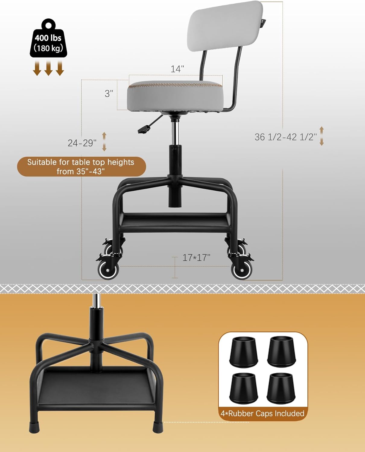 Shop Stool with Lockable Rubber Wheels Adjustable Backrest Tool Tray Storage 400 lb Capacity Rolling Garage Stool (Grey)