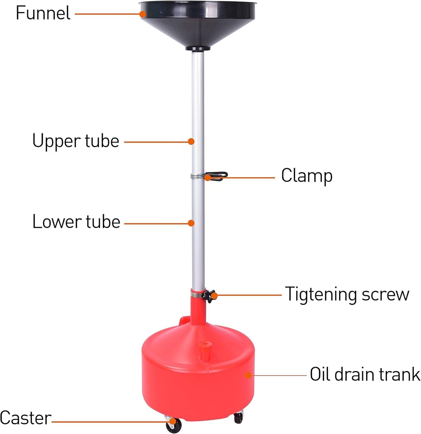A A IN AA045 8 Gallon Portable Waste Oil Drain,Industrial Fluid Drain Tank with Wheels and Adjustable Funnel Height. Red.