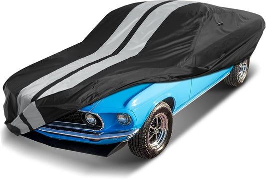 iCarCover Custom Car Cover Compatible with Mustang 1969-1973, Waterproof All Weather Rain Snow UV Sun Protector Full Exterior Indoor Outdoor Car Covers, Stripe (Black/Gray)