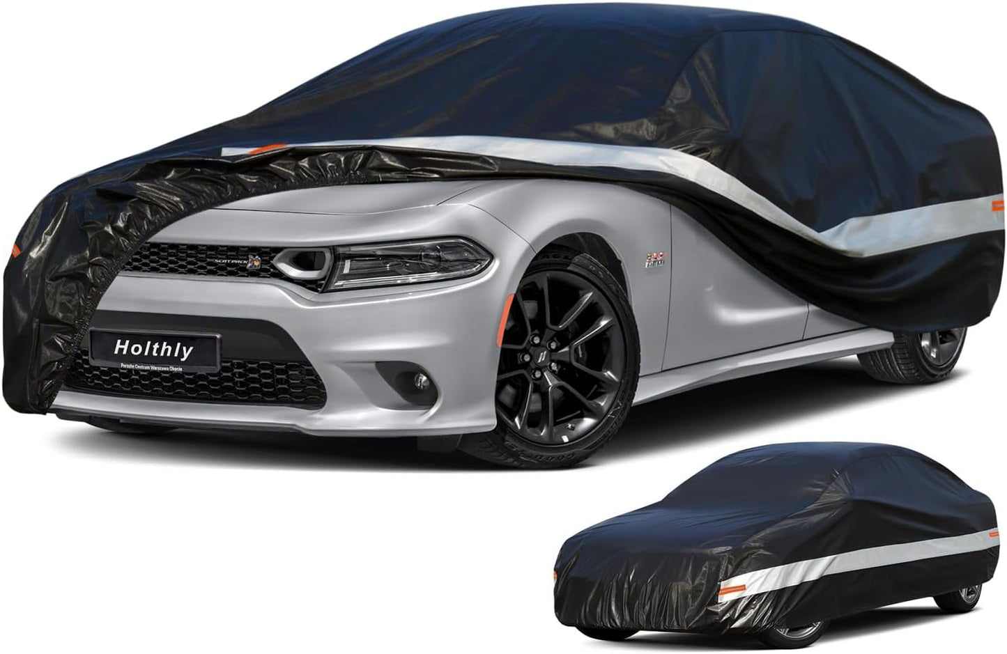 Holhtly Car Cover Custom Fit for Dodge Charger， Car Covers for Automobiles All Weather Waterproof Sun Snow Rain Wind Dust Protection, Outdoor Car Cover Black & Grey