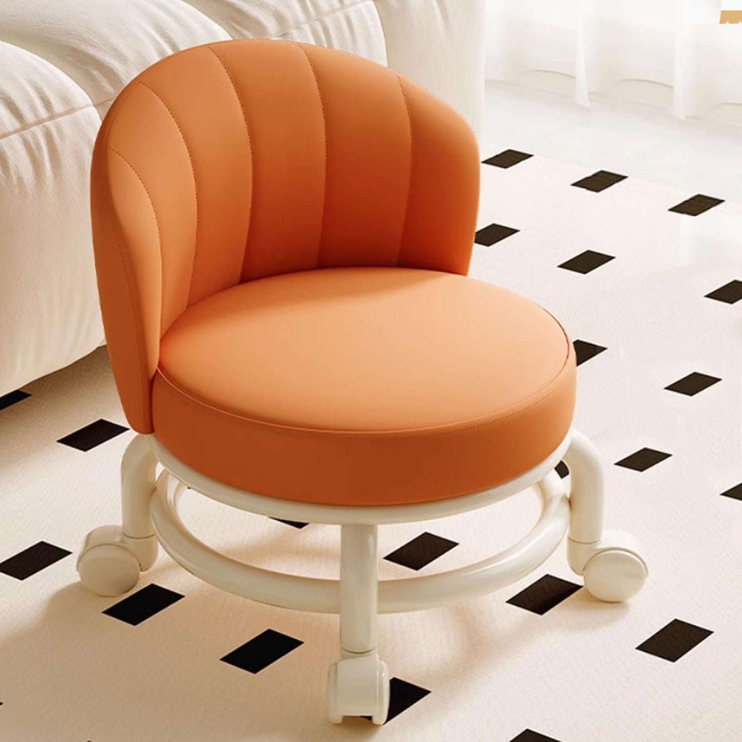 Low Rolling Stool with Backrest,Rolling Pedicure Seat,Low Stool with Wheels for Home, Office, Garage, Shop, Library (Orange)