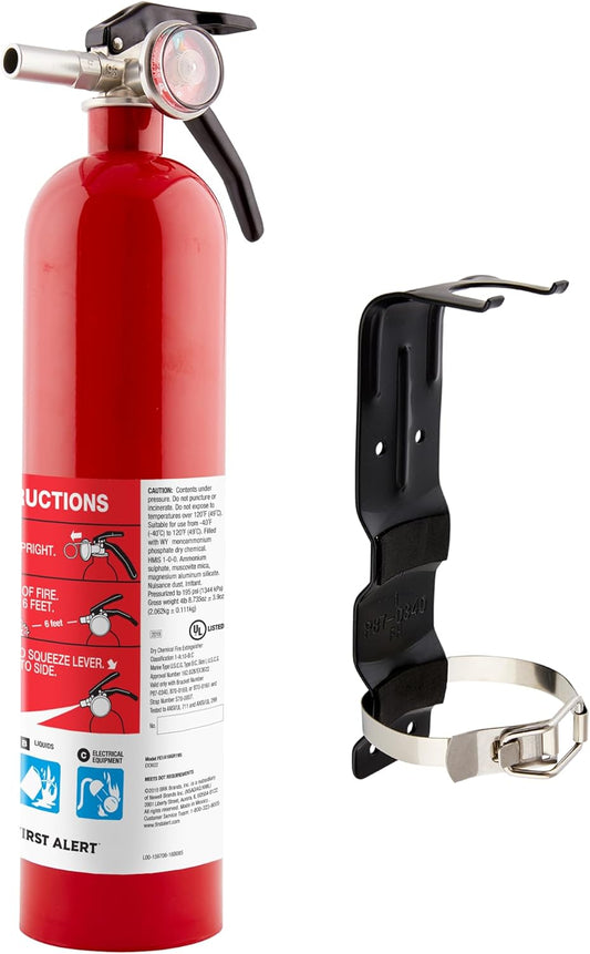First Alert Fire Extinguisher for Home, Standard Rechargeable Compliance Unit, UL RATED 1-A:10-B:C, HOME1, Red with Metal Bracket Bundle, 1-Pack