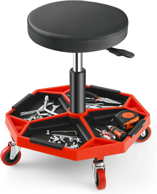 Adjustable Mechanic Rolling Stool, Pneumatic Rolling Stool with Wheels, Tool Storage Tray & Padded Seat Cushion, Garage Stool Chairs Creeper Seat (Red)