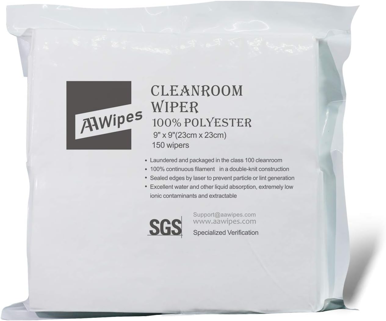 AAWipes Cleanroom Cloth Wipes 9"x9" (Bag of 150 Pcs) Double Knit 100% Polyester Wipers Lint Free Cloths with Ultra-fine Filaments, Laser Sealed Edge, Class 100 Cloths, Ultra-soft Wipes CP14009