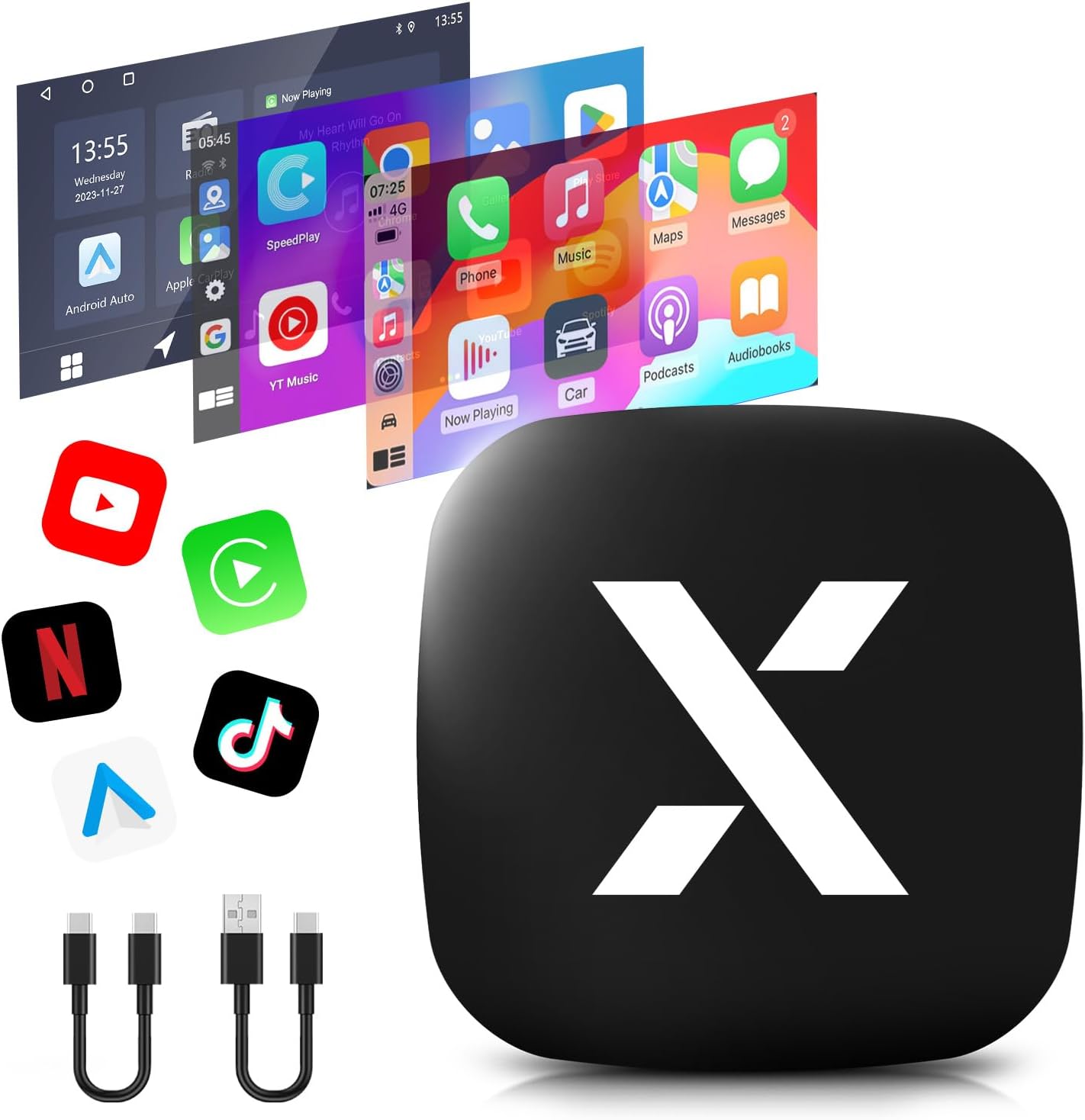 Wireless CarPlay & Android Auto Adapter with Play Store/YouTube/Netflix/Disney+[32GB] Support Screen Mirroring/TF Card/USB Drive,Fit for Built-in Wired CarPlay Car,FEXIER X Car Play Video Magic AI Box