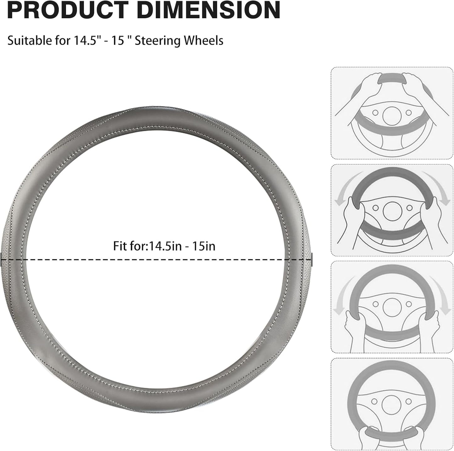 High-Grade Gray Genuine Leather Steering Wheel Cover for Men Women，Real Cowhide Leather Steering Wheel Cover for Cars,Universal 14.5-15 inch Steering Wheels