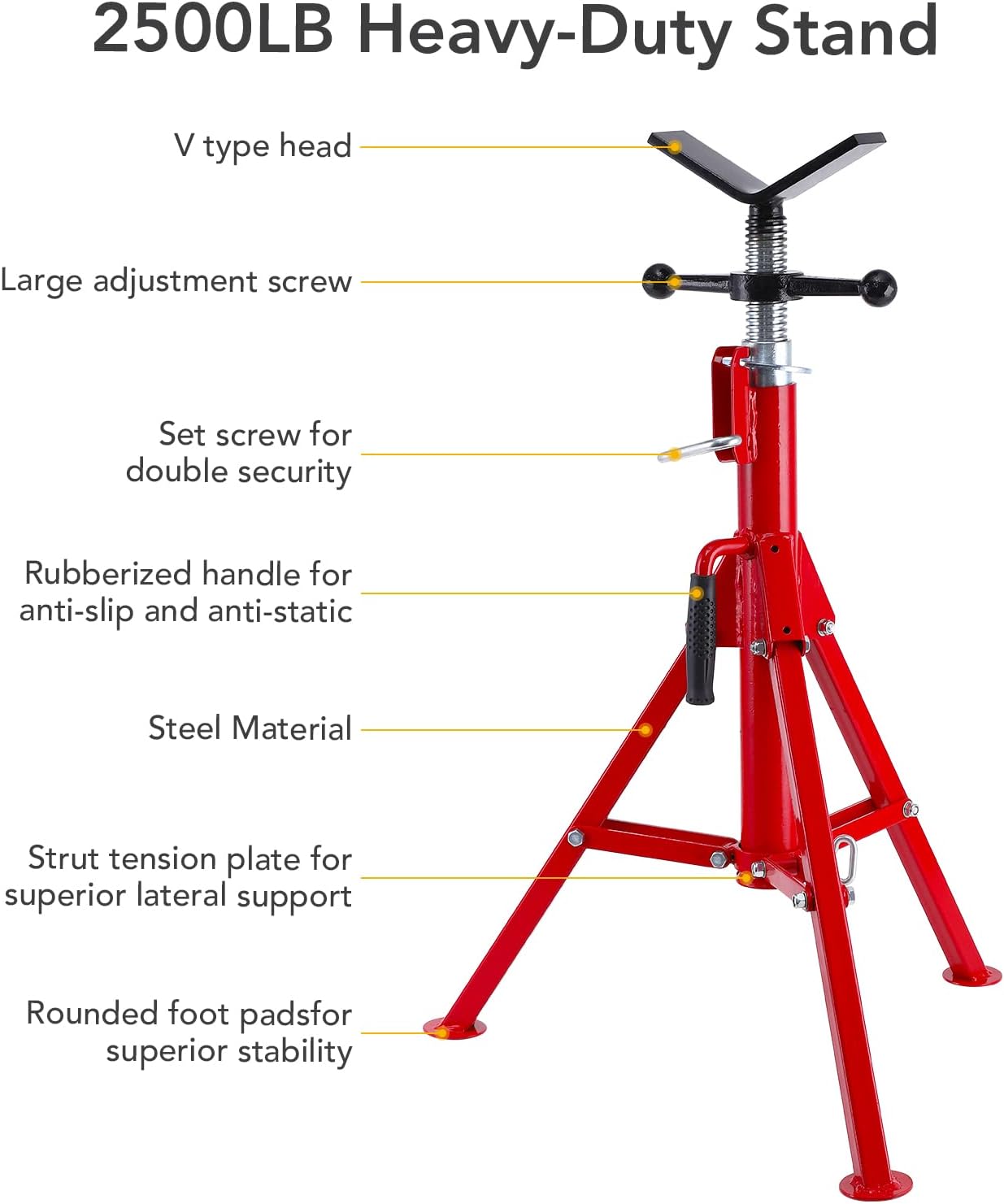 Towallmark V Head Pipe Jack Stand,28-52 Inch Adjustable Height,1/8"-12" Capacity, 2500 lb Load Capacity,Heavy Duty Carbon Steel Body, Steel Jack Stands with Portable Folding Legs