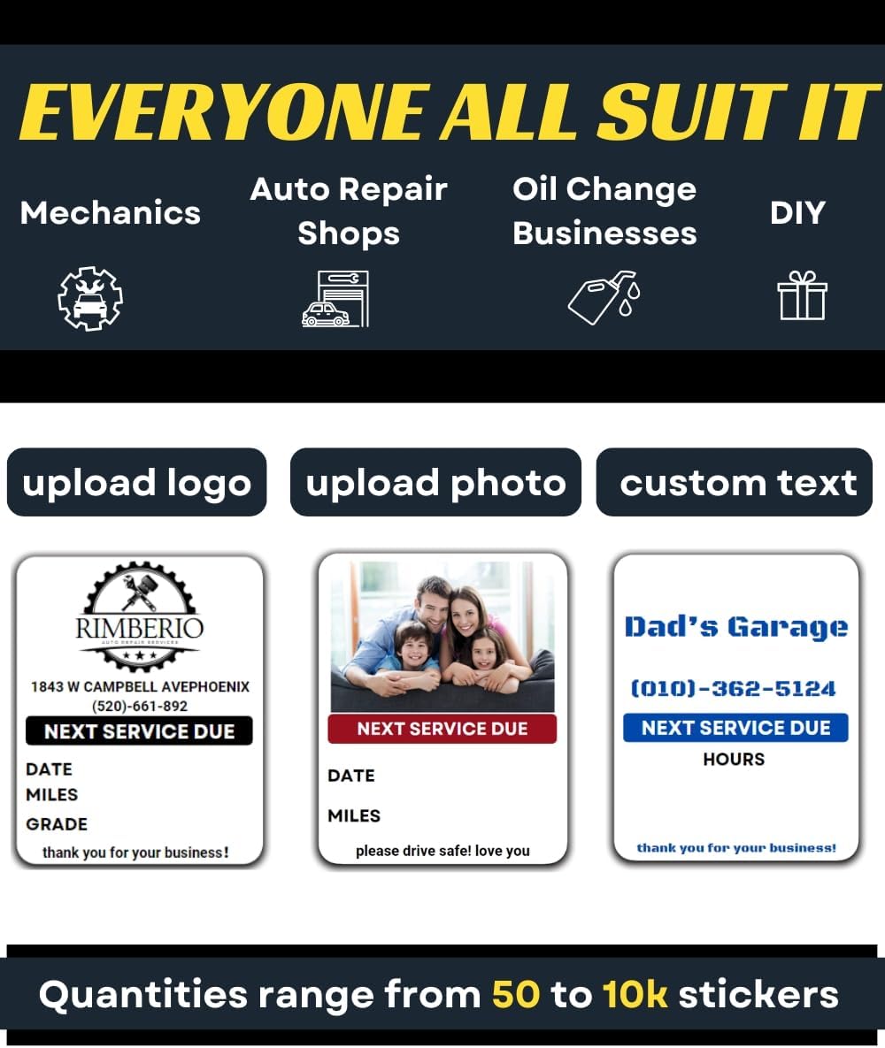 Oil Change Stickers for Windshield Personalized with Your Logo- Custom Oil Change Labels 2''-2.8'', Clear and White Next Service Due Labels for Car Auto Vehicle Window,50-10k Stickers (Small)