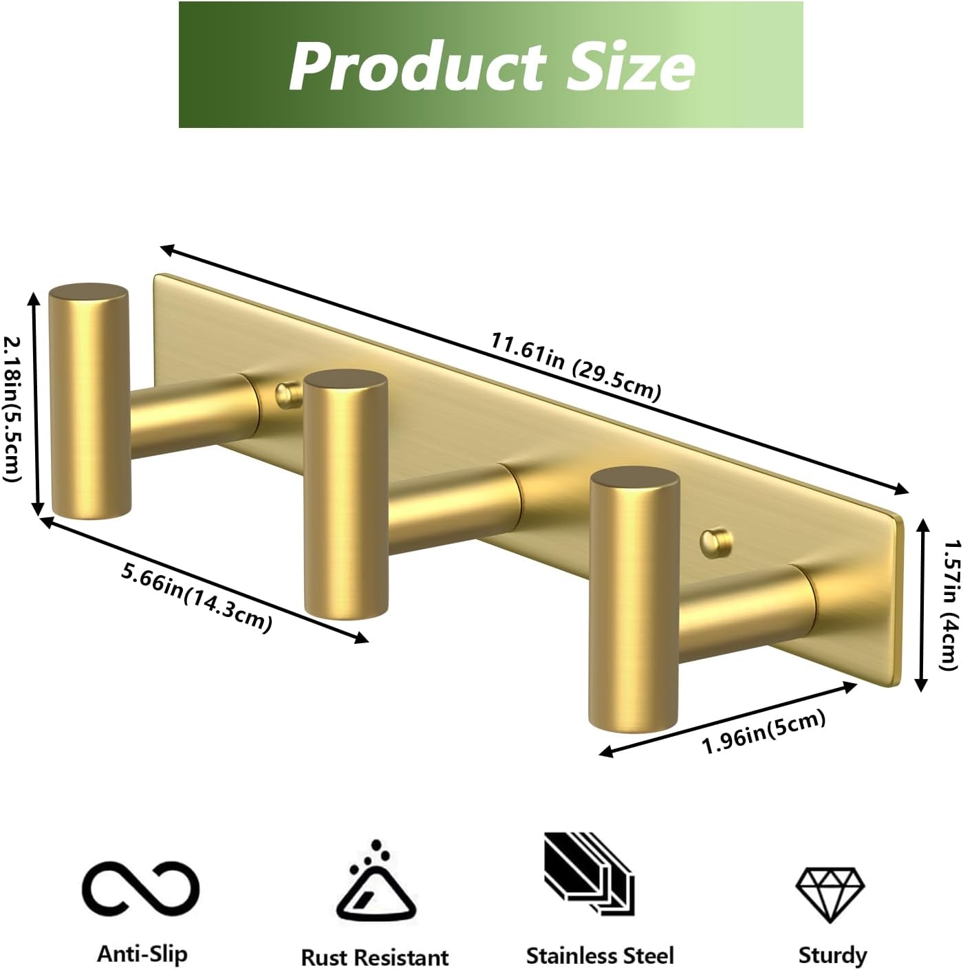 Wall Mounted Coat Rack-3 Hooks, Heavy Duty Stainless Steel Hook Rail for Towel Coat Hat Purse Bag Jacket, Towel Hooks for Entryway Bathroom Kitchen (Gold 3 Hooks - 1 Pack)