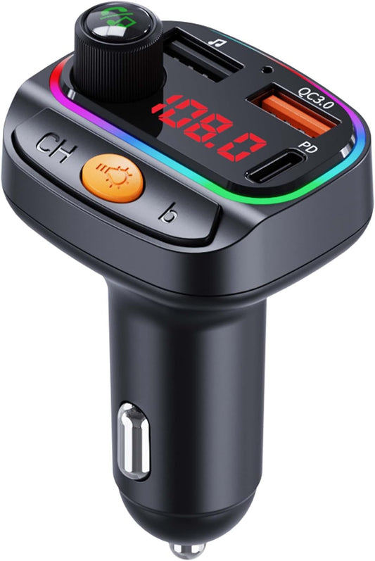 Bluetooth 5.3 FM Transmitter for Car, Wireless Car Adapter with QC 3.0 Fast Charging & PD 30W Type-C, Hands-Free Calling, U Disk Playback, EQ Sound Mode, 7-Color Ambient Light for Driving & Travel