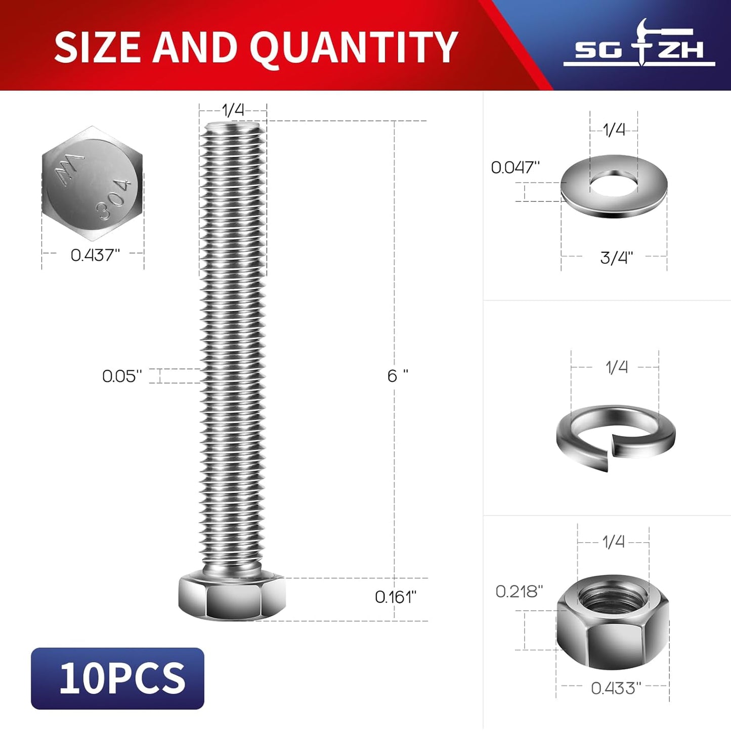 1/4-20 x 6" Hex Head Screw Bolt, Nuts, Flat & Lock Washers, 10Pcs 18-8 (304) Stainless Steel, Fully Threaded, by SG TZH