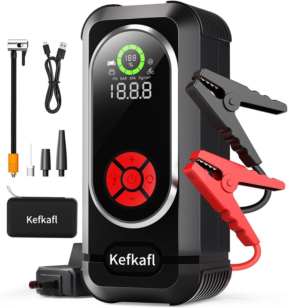 Jump Starter with Air Compressor, 5000A Car Battery Jump Starter Portable 150 PSI Tire Inflator Portable Air Compressor for Up to 10.0L Gas & 10.0L Diesel Engines, LED Light, Jumper Cables