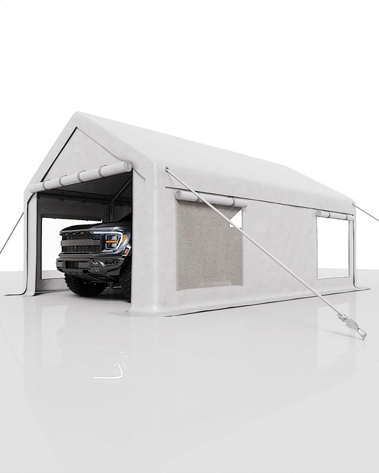 10x20 Ft Carport, Car Port with 200g PE Tarp, Roll-Up Doors, and 4 Windows, for Sedans, Bass Boats, Motos, ATVs, and SUVs, White