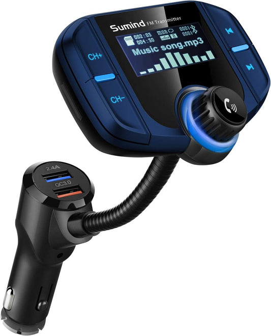 Upgraded Bluetooth FM Transmitter, Wireless Radio Adapter Hands Free Car Kit with 1.7'' Display, QC3.0 and Smart 2.4Amp Dual USB Ports, AUX Input/Output, TF Card Mp3 Player (Normal, Blue)