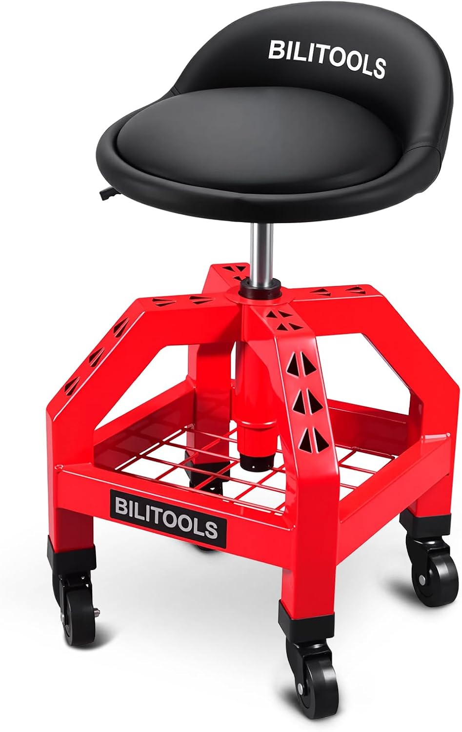 BILITOOLS Heightened Rolling Shop Stools with Wheels 26-33", Adjustable Garage Mechanic Stool Oversized Seat & Backrest, 300 LBS Shop Chair for Garage with Wheels Heavy-Duty Swivel Tool Tray Storage