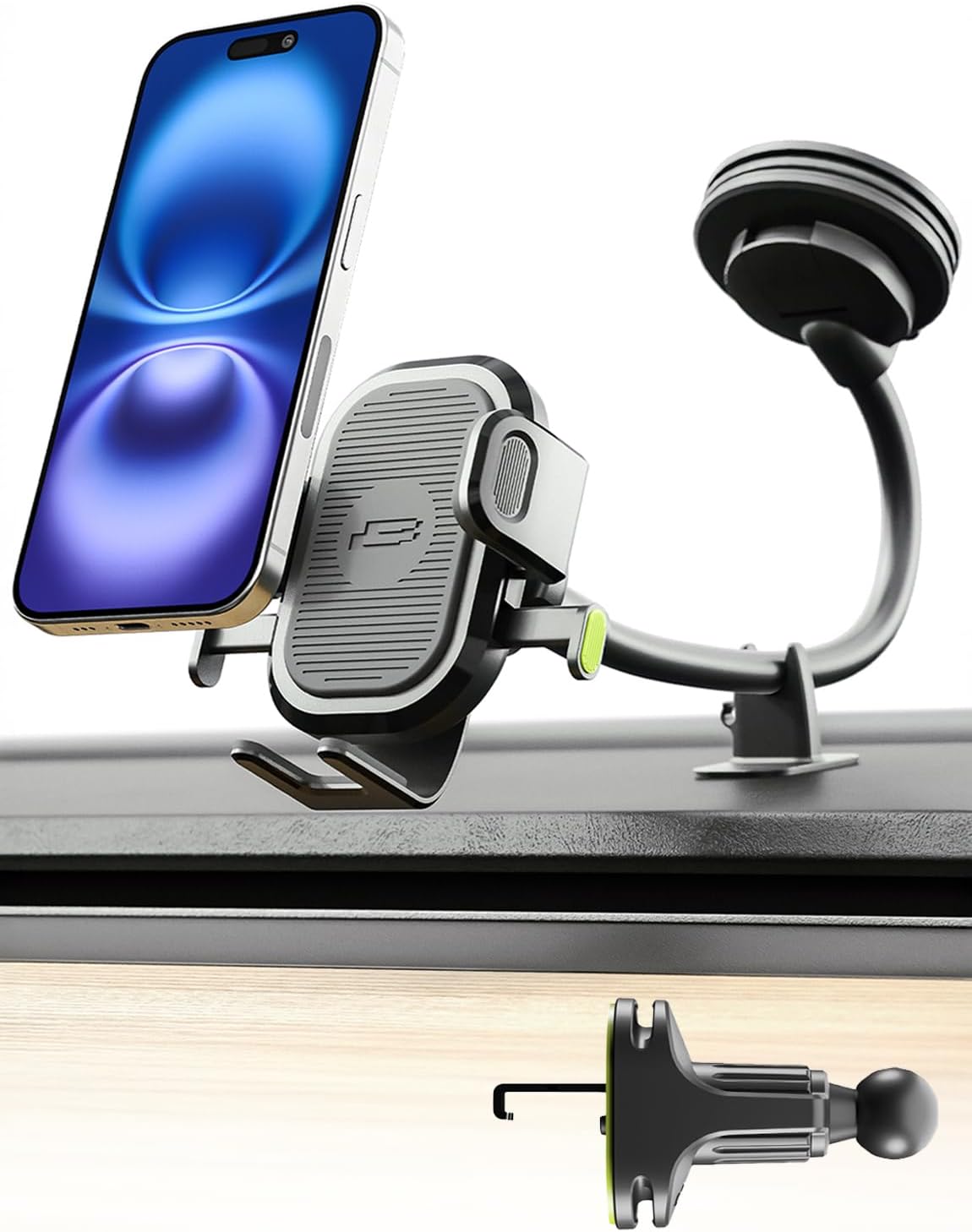 Bracketron OneClick Flexible Phone Holder for Car Dashboard,Windshield & Vent,3 in 1 Car Phone Holder with 7" Adjustable Gooseneck Arm,360 Rotation Car Phone Mount for All iPhone Android Smartphone.