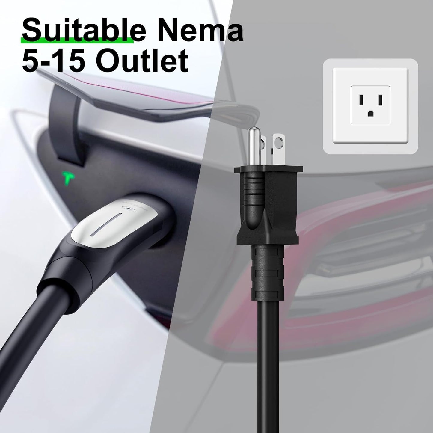 16 Amps Level 1 Tesla Charger, NEMA 5-15 Plug, Portable Electric Car Charger with a 23.5-Foot Cable, Compatible with Tesla Models X/Y/3/S and Cybertruck