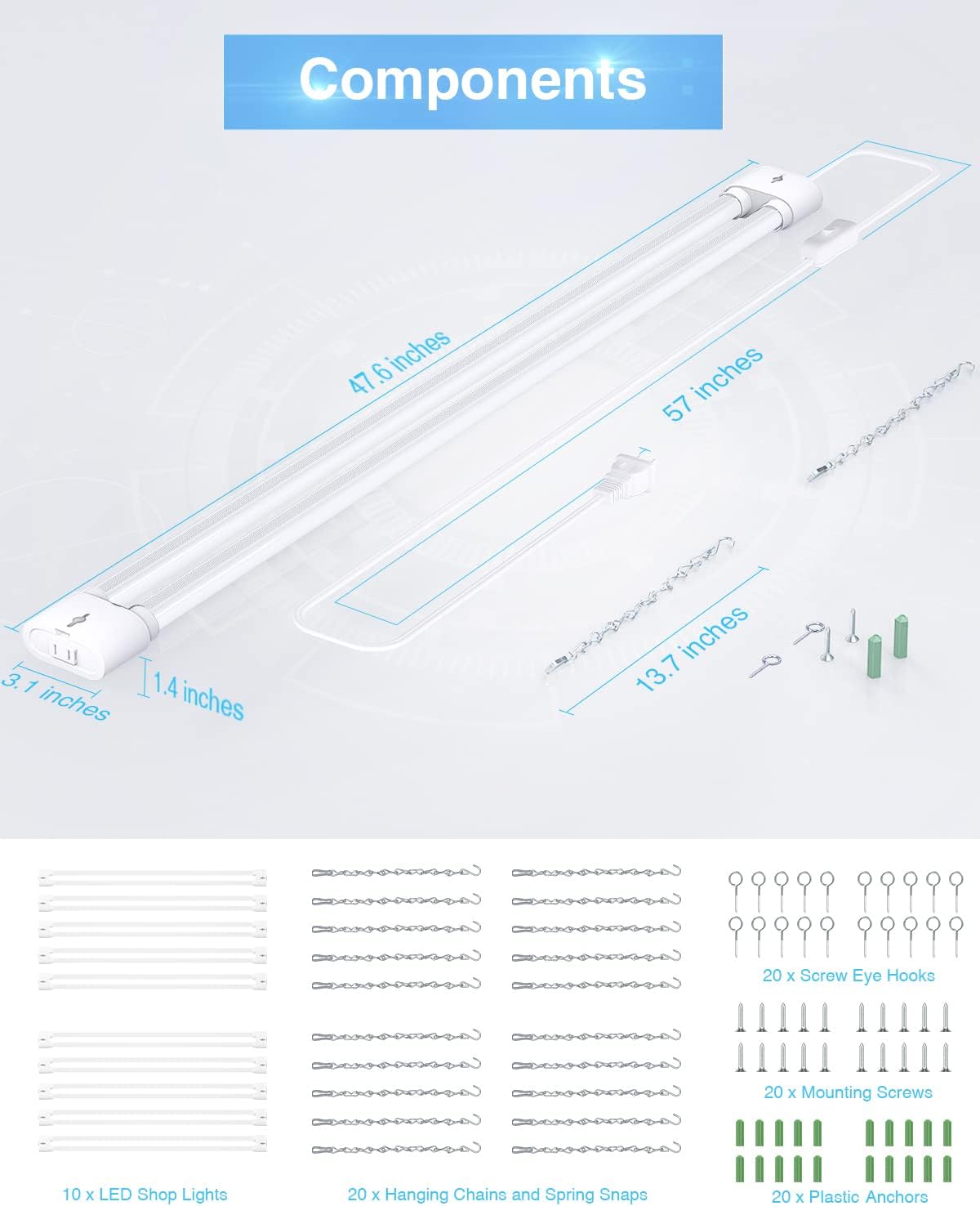 Ensenior 10 Pack Linkable Led Shop Light 4ft for Garage, 4400 High Lumens, 36W Equivalent 280W, 5000K Daylight, 48 Inch Utility shop led lights, Surface or Hanging Mount Fixtures, White, ETL Certified