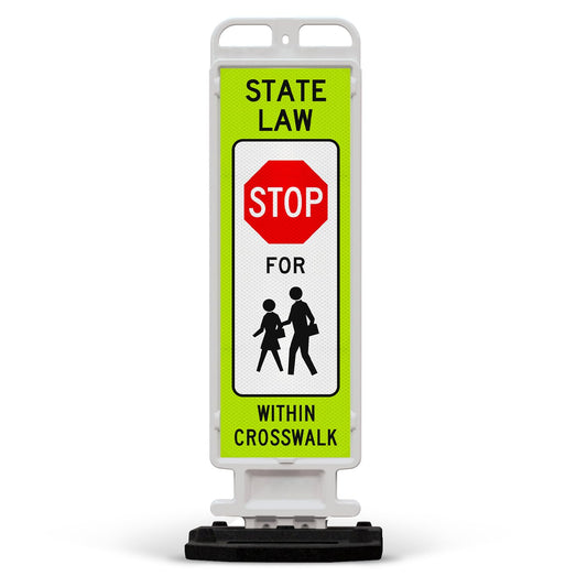 State Law Stop for Pedestrian in Crosswalk MUTCD R1-6a Sign, Double Sided 3M Engineer Grade Reflective, Portable Rubber Base, Impact Resistant Plastic Frame