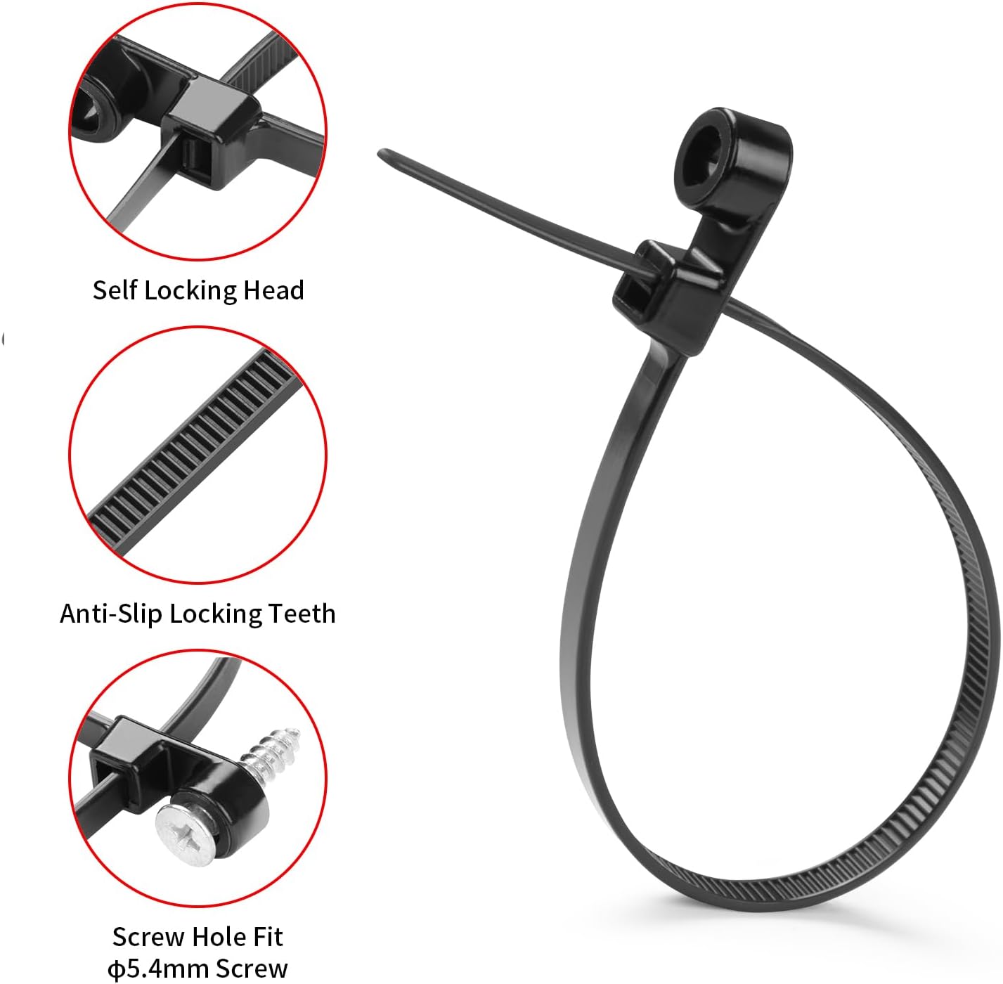 200 PCS 10 inch Black Zip Ties with Screw Hole 70lbs Mountable head Cable Ties Straps Multipurpose Heavy Duty Nylon Cable Zip Ties with Screw Mounting Hole